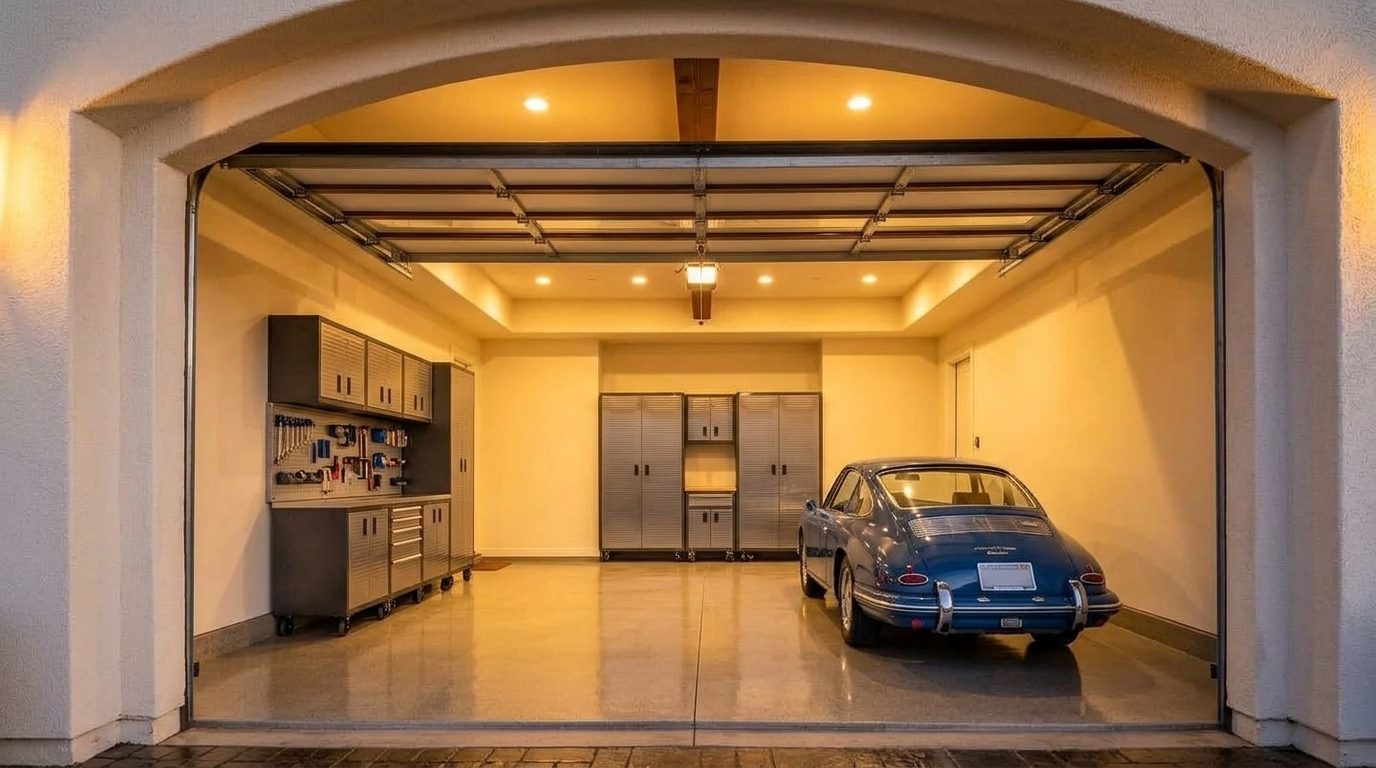 O'Connor Garage Door Services Interior View of Custom Garage Door Overhead and Workshop